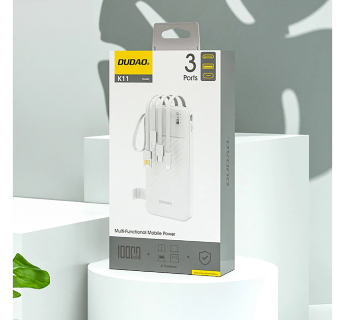 Dudao Батарея універсальна Dudao 10000mAh K11 10W, USB-A, USB-C, microUSB, with USB-A/USB-C/Lightning/MicroUSB cables White (6977196681860)