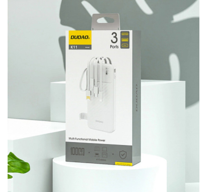 Dudao Батарея універсальна Dudao 10000mAh K11 10W, USB-A, USB-C, microUSB, with USB-A/USB-C/Lightning/MicroUSB cables White (6977196681860)