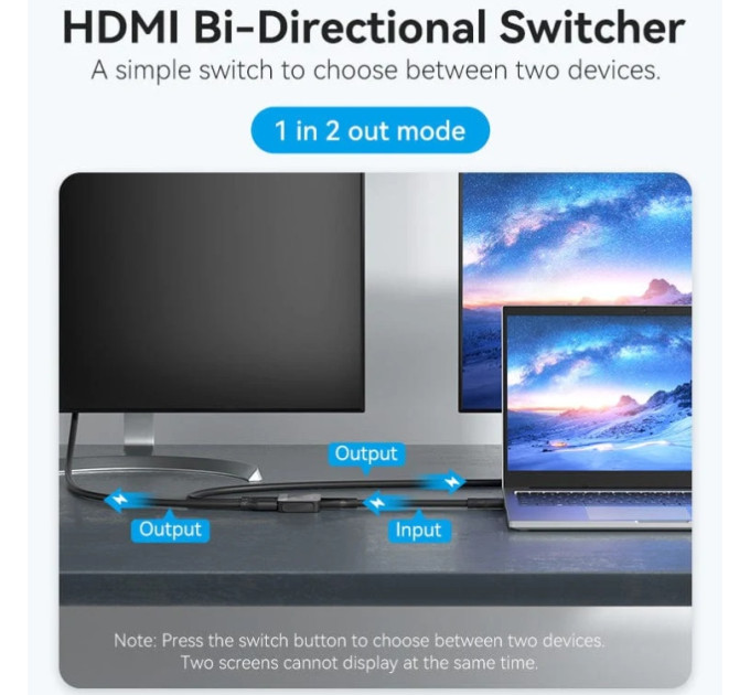 Vention Сплітер HDMI 2.0 UHD 4K 60Hz 3D, HDCP,1080P перемикач двонаправлений 2 IN 1 OUT Vention