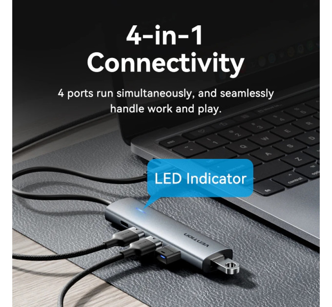Vention Хаб USB 3.0 Type-C -> 4xUSB 3.0/1xUSB-C, 5Gbps, Black Vention