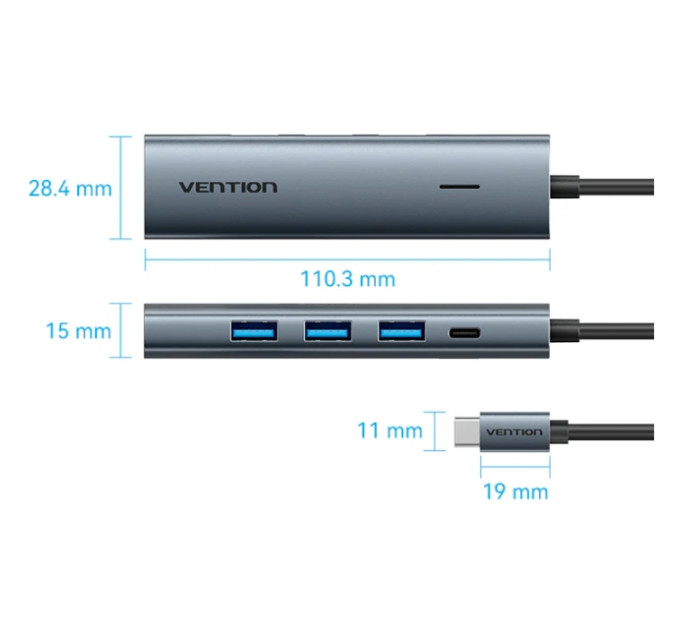 Vention Хаб USB 3.0 Type-C -> 4xUSB 3.0/1xUSB-C, 5Gbps, Black Vention