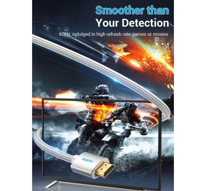 Vention Кабель HDMI M - M, 8.0м, V2.0, 4K 60Гц, обплетення, Silver Metal Type Vention