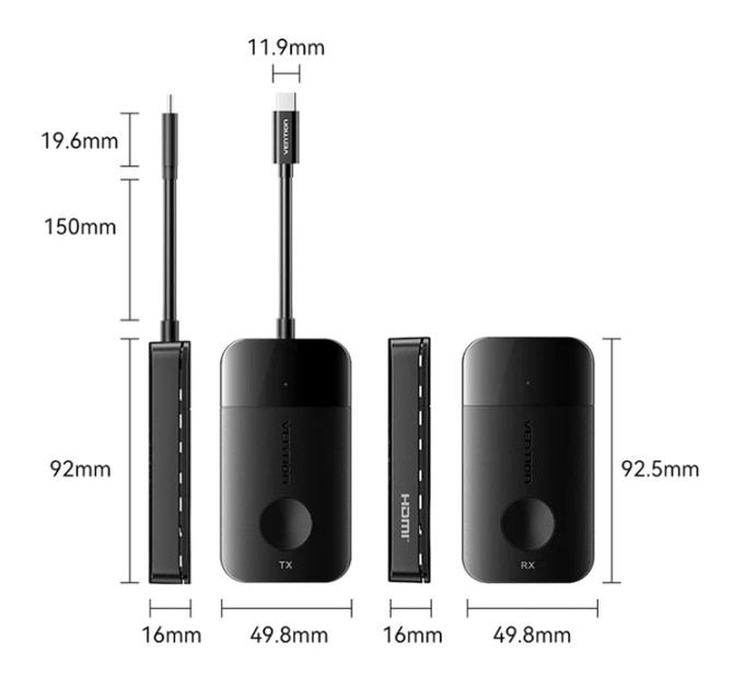 Vention Комплект USB-C М --> HDMI бездротовий передавач + приймач, 4K30Гц, 5GHz, до 50м, 60W PD Vention