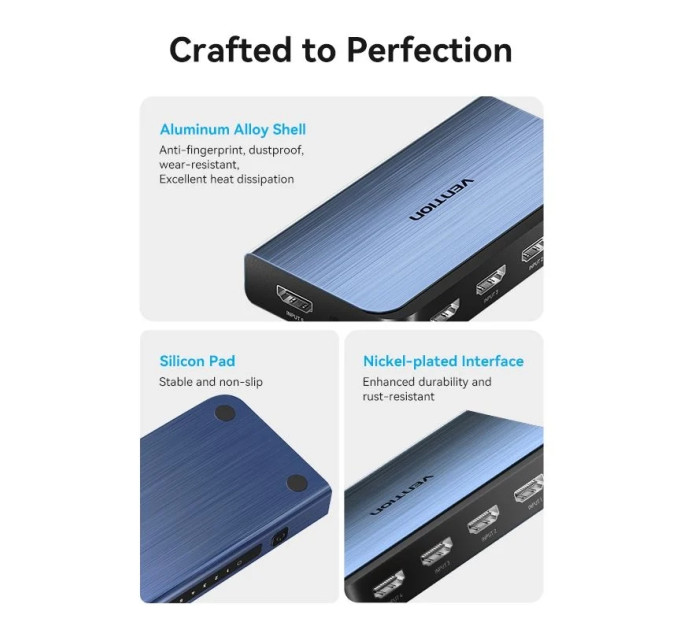 Vention Перемикач HDMI V2.0, 4K 60Гц 1x5 ports, з пультом ДК, голубий,  Vention