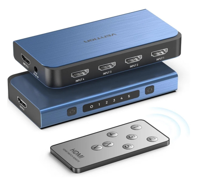 Vention Перемикач HDMI V2.0, 4K 60Гц 1x5 ports, з пультом ДК, голубий,  Vention