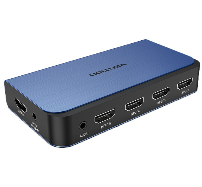 Vention Перемикач HDMI V2.0, 4K 60Гц 1x5 ports, Toslink 3.5мм, з пультом ДК, голубий,  Vention