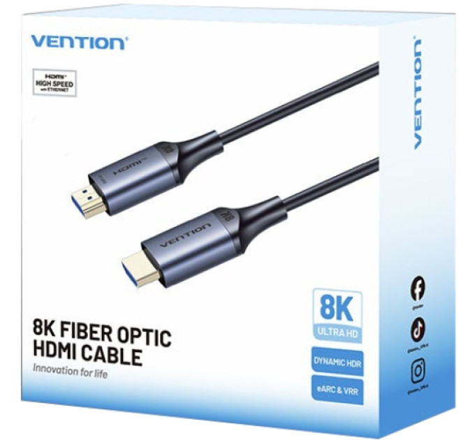 Vention Кабель HDMI M - M, 50.0м, V2.1, Optical 8K 60Гц 48Gbps Aluminum Alloy, сірий Vention