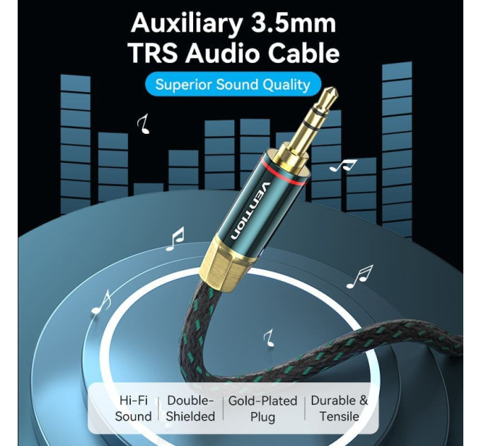Vention Кабель AUX Audio TRS M/M, 2.0м, Silver-plated, Zinc alloy, обплетення, зелений, Vention