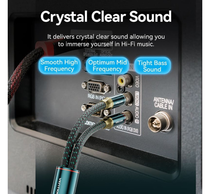 Vention Кабель AUX Audio HiFi TRS 3.5мм - RCAx2 M/M 1.5м, OFC Silver, Cotton braided, зелений, Ventio