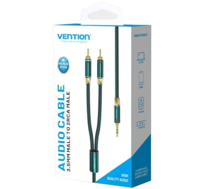 Vention Кабель AUX Audio HiFi TRS 3.5мм - RCAx2 M/M 2.0м, OFC Silver, Cotton braided, зелений, Vention