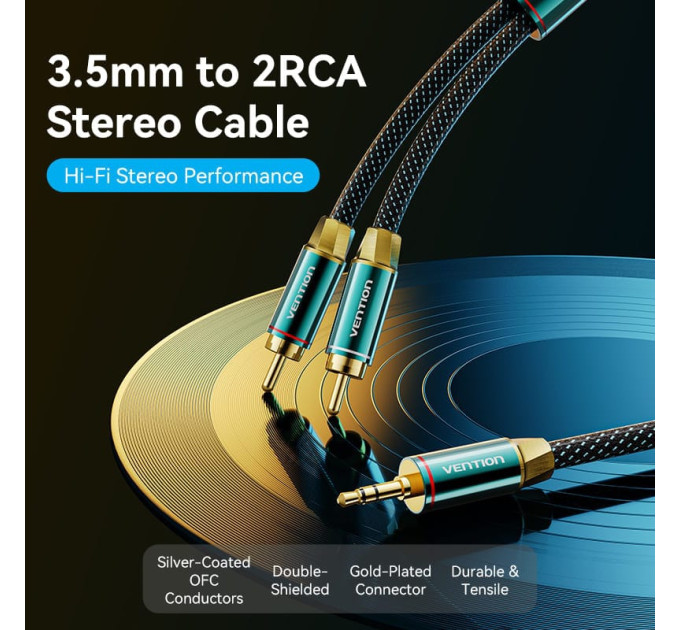 Vention Кабель AUX Audio HiFi TRS 3.5мм - RCAx2 M/M 3.0м, OFC Silver, Cotton braided, зелений, Vention