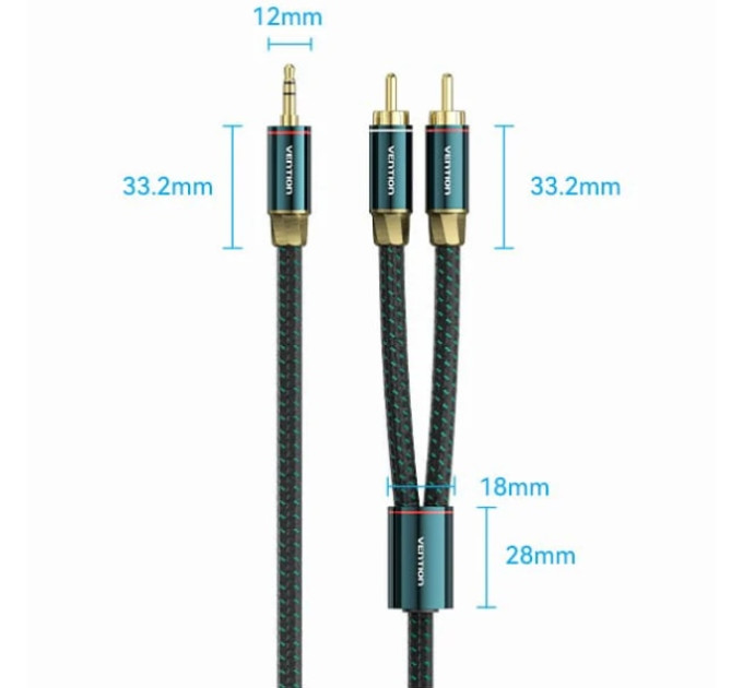 Vention Кабель AUX Audio HiFi TRS 3.5мм - RCAx2 M/M 5.0м, OFC Silver, Cotton braided, зелений, Vention