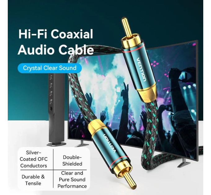 Vention Кабель AUX coaxial HiFi RCA M/M 8.0м OFC Silver, Zinc alloy, зелений, Vention