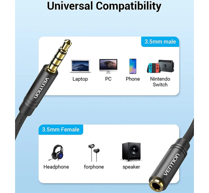Vention Кабель AUX Audio TRS M/F 5.0м Gold-Plated, нейлонове обплетення, чорний Vention