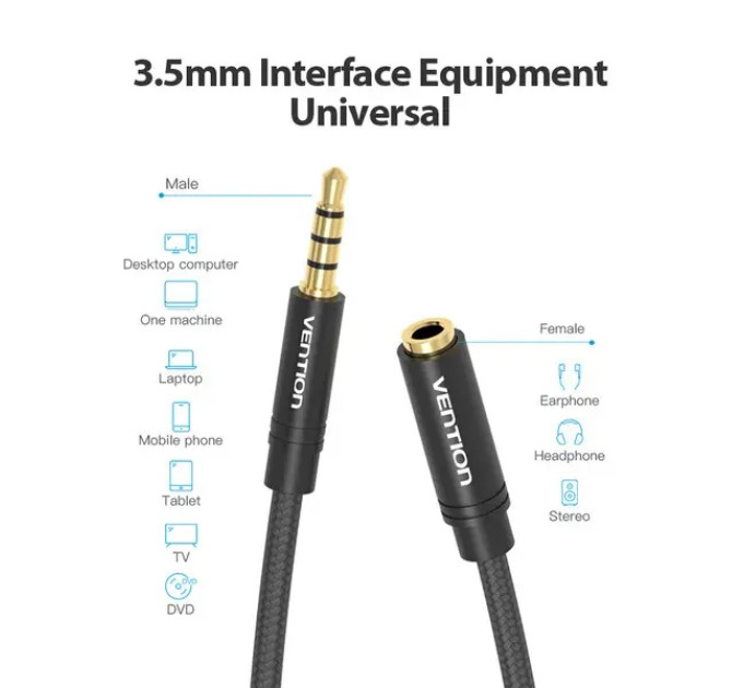 Vention Кабель AUX Audio TRS M/F 5.0м Gold-Plated, нейлонове обплетення, чорний Vention