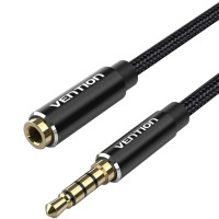Кабель AUX Audio TRS M/F 1.5м Gold-Plated, нейлонове обплетення, чорний Vention
