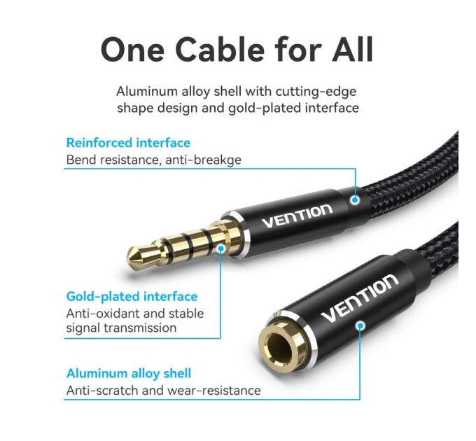 Vention Кабель AUX Audio TRS M/F 1.5м Gold-Plated, нейлонове обплетення, чорний Vention