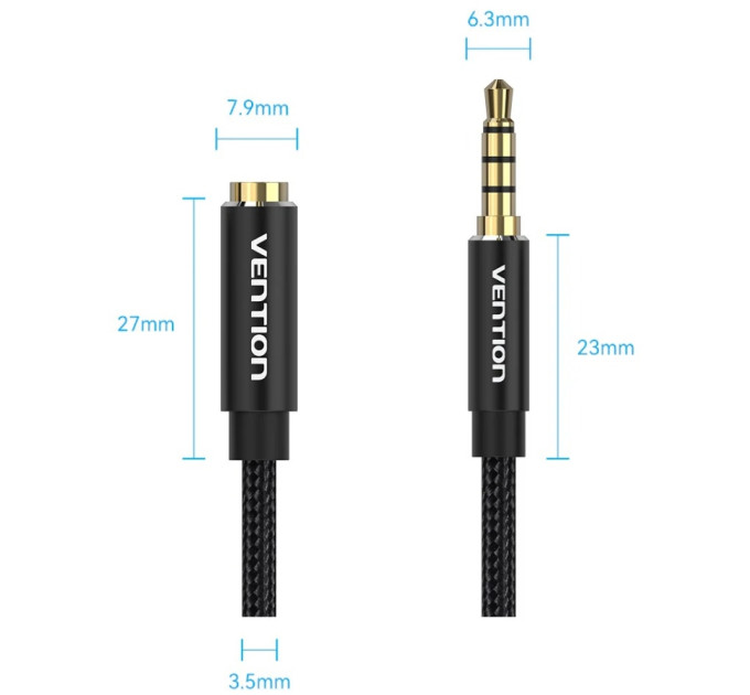 Vention Кабель AUX Audio TRS M/F 3.0м Gold-Plated, нейлонове обплетення, чорний Vention