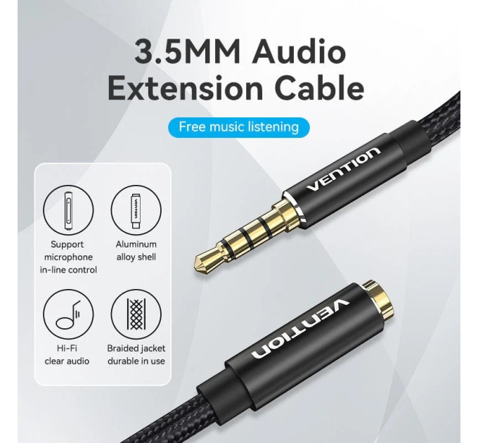 Vention Кабель AUX Audio TRS M/F 3.0м Gold-Plated, нейлонове обплетення, чорний Vention