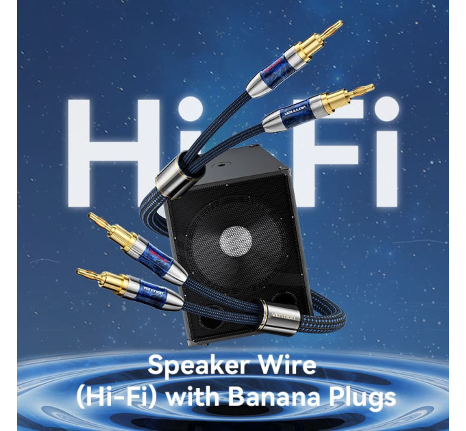 Vention HiFi Audio Speaker Cable 2.0м,Banana 2xM/M,4N OFC Silver, Gold-Plated,TPE + обплетення,Vention
