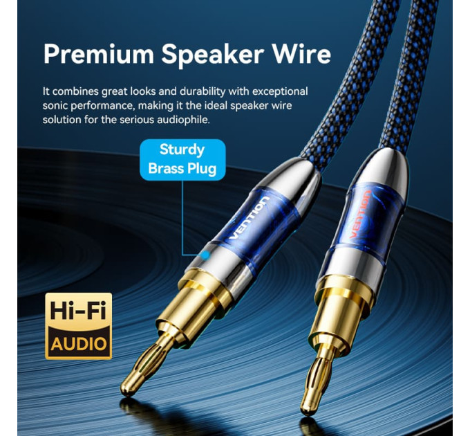 Vention HiFi Audio Speaker Cable 1.5м,Banana-Spade 2xM/M,4N OFC Silver, Gold-Plated,TPE + обплетення,Vention