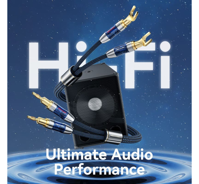 Vention HiFi Audio Speaker Cable 1.5м,Banana-Spade 2xM/M,4N OFC Silver, Gold-Plated,TPE + обплетення,Vention