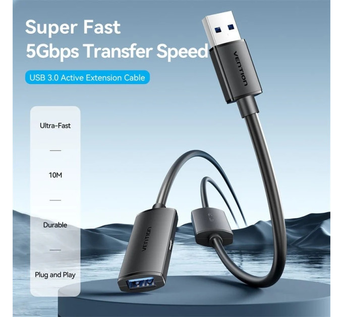 Vention Кабель продовжувач USB 3.0 AM/AF 10.0м, активний, 2 підсилювачі, дод. живлення USB-C, чорний,Vention