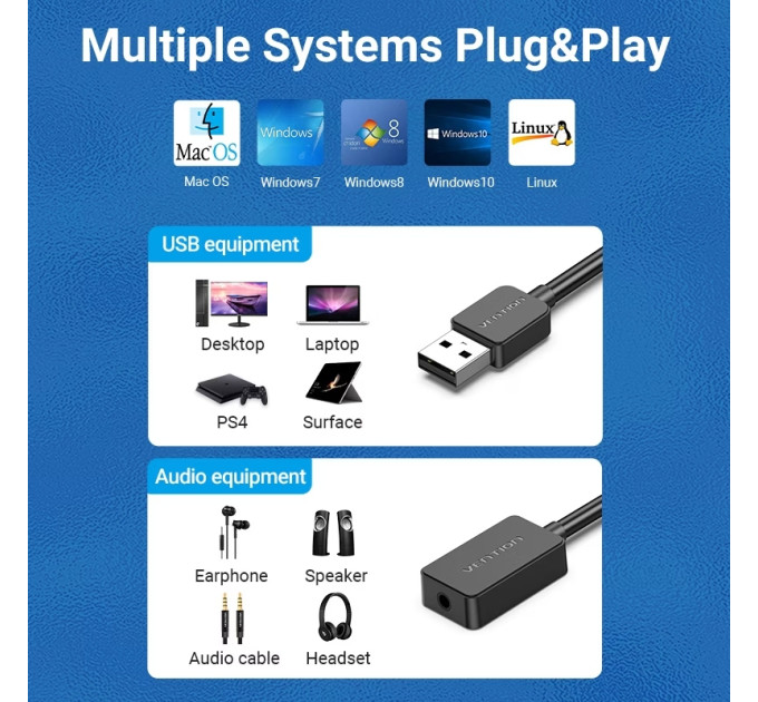 Vention Звукова карта USB AUX jack, 1*TRS, 0.15м, OMTP/CTIA, чіп шумозаглушення,  чорна Vention