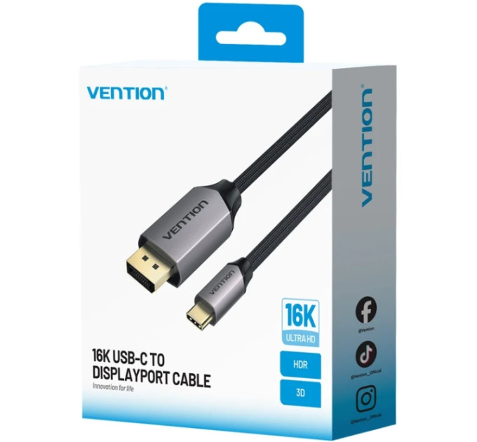 Vention Кабель USB 3.1 Type-C M - DisplayPort M, 1.5м v.2.1 16K30Hz Aluminum Alloy сірий Vention