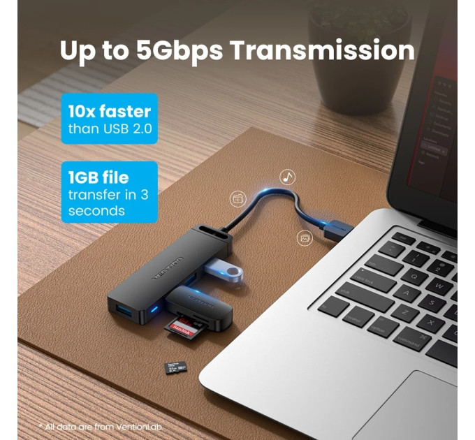 Vention Хаб USB 3.0 -> 4xUSB 3.0, 1.0м, з живленням Micro-USB,чорний Vention