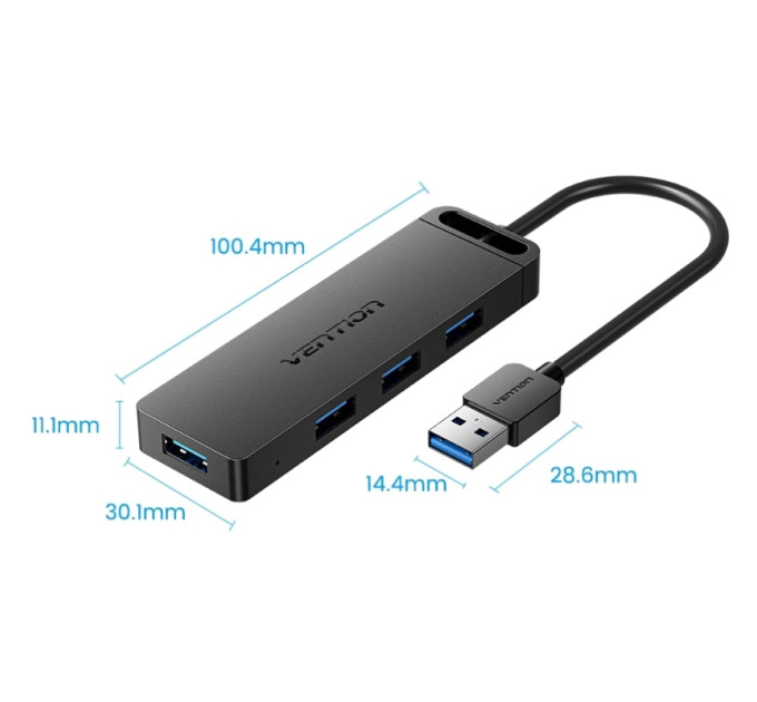 Vention Хаб USB 3.0 -> 4xUSB 3.0, 1.0м, з живленням Micro-USB,чорний Vention