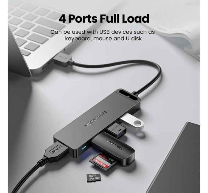 Vention Хаб USB 3.0 -> 4xUSB 3.0, 1.0м, з живленням Micro-USB,чорний Vention