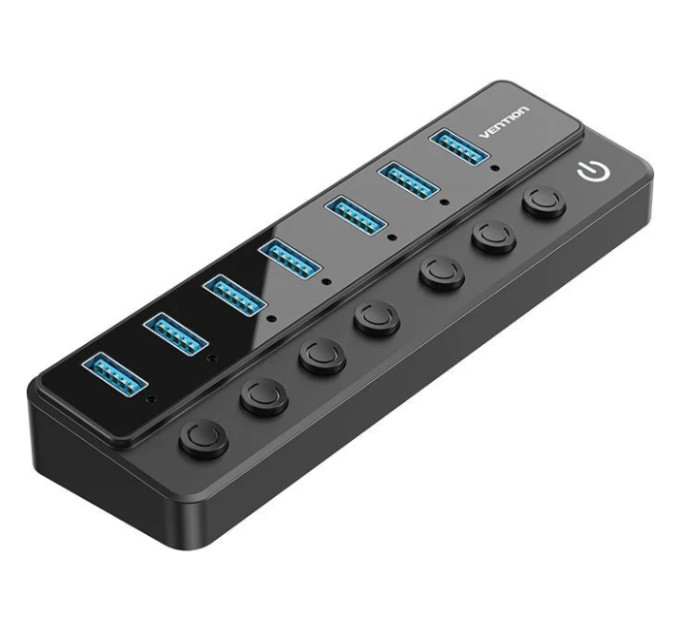 Vention Хаб USB 3.0 -> 7xUSB 3.0, з вимикачами, 1.0м, 5Gbps, активний, з адаптером 12В,чорний Vention