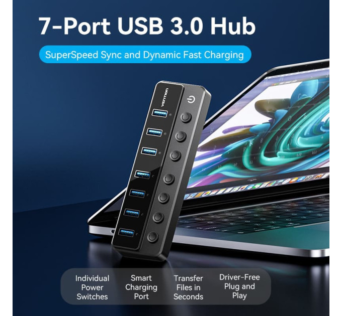 Vention Хаб USB 3.0 -> 7xUSB 3.0, з вимикачами, 1.0м, 5Gbps, активний, з адаптером 12В,чорний Vention