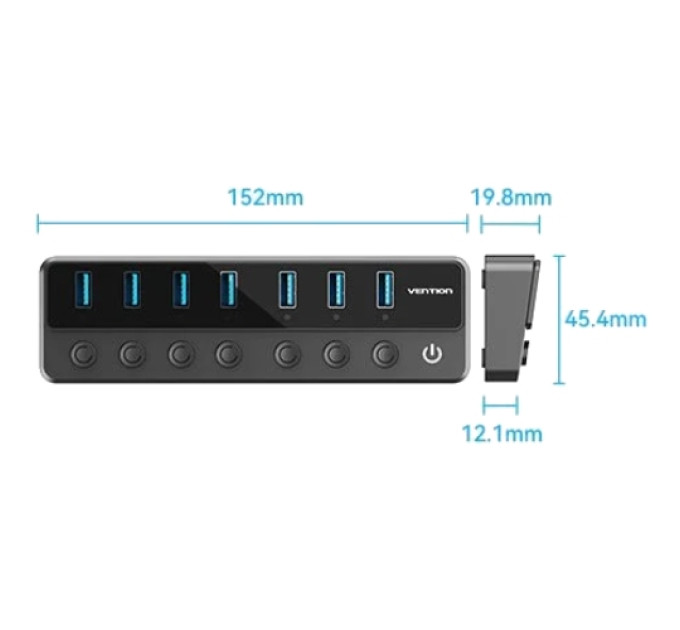 Vention Хаб USB 3.0 -> 7xUSB 3.0, з вимикачами, 1.0м, 5Gbps, активний, з адаптером 12В,чорний Vention