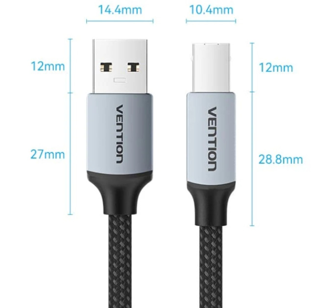 Vention Кабель USB 2.0 AM-BM, 2.0м, 480Mbps Printer, обплетення, Aluminum Alloy, сірий Vention