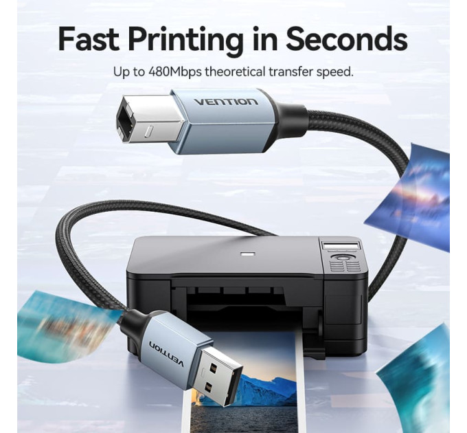 Vention Кабель USB 2.0 AM-BM, 2.0м, 480Mbps Printer, обплетення, Aluminum Alloy, сірий Vention