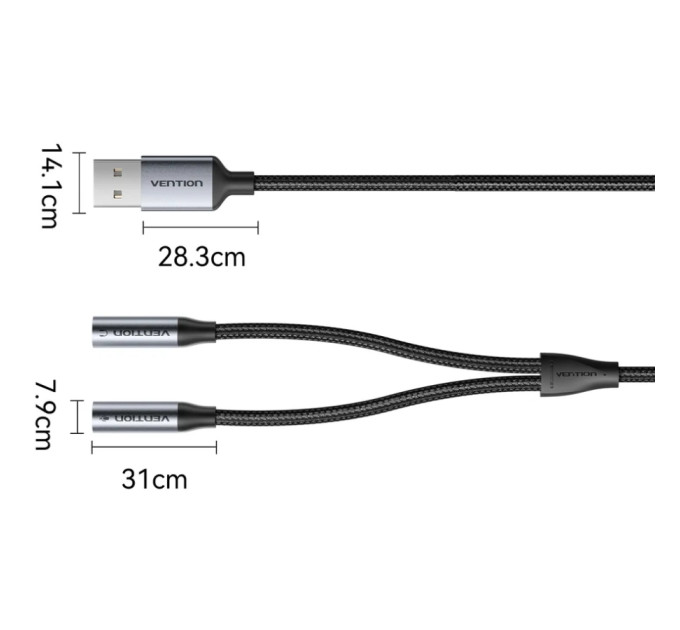 Vention Звукова карта USB AUX jack, 2*TRS (Mic + Ear)  0.25м, обплетення, Aluminum Alloy Vention
