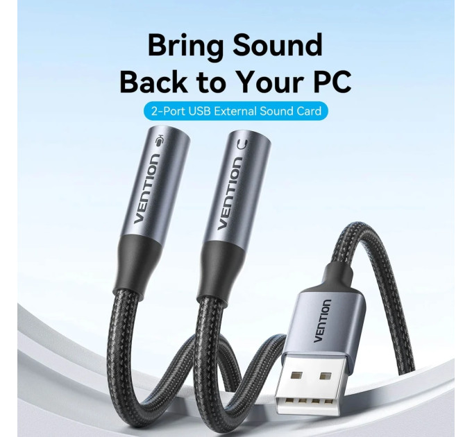 Vention Звукова карта USB AUX jack, 2*TRS (Mic + Ear)  0.25м, обплетення, Aluminum Alloy Vention