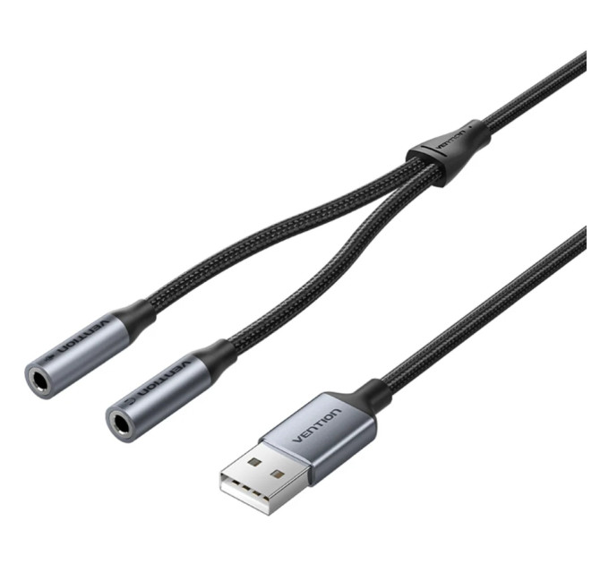 Vention Звукова карта USB AUX jack, 2*TRS (Mic + Ear)  0.25м, обплетення, Aluminum Alloy Vention