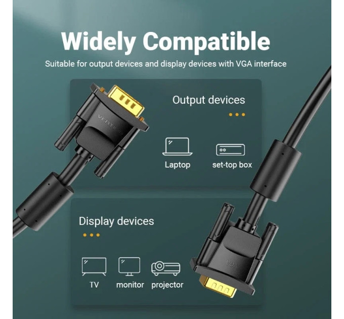 Vention Кабель VGA 15M-15M, 8.0м, з ферритами, чорний Vention