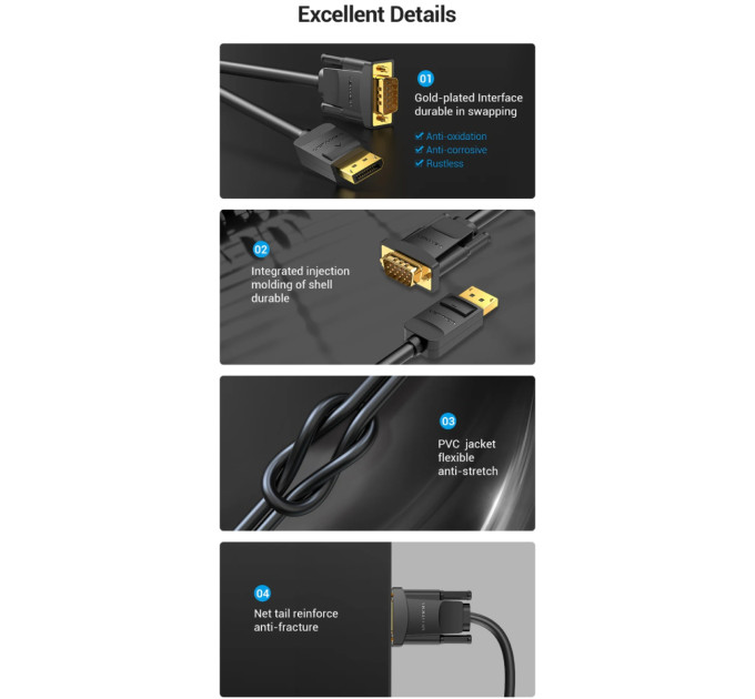 Vention Кабель DisplayPort M - VGA M, 2.0м, 1080P 60Гц, Gold-Plated, чорний Vention
