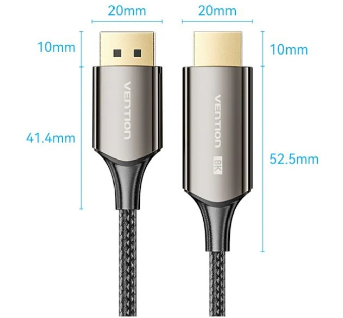 Vention Кабель DisplayPort M - HDMI M V1.4, 1.8м, 8K 60hz,Dynamic HDR, нейлонове обплетення, чорний, Vention