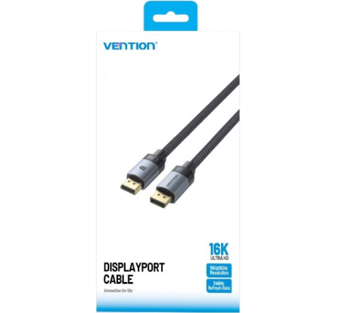 Vention Кабель DisplayPort M - M 2.0м, V2.1, 16K 60 Гц, зворотня сумісність, обплетення, чорний
