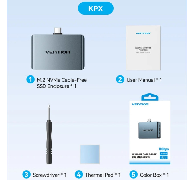 Vention Зовнішня кишеня для SSD M.2 (NVME) B&M Key/M Key,Type-С 3.2 Gen 2-C,10Gbps, живлення 85W PD, Vention