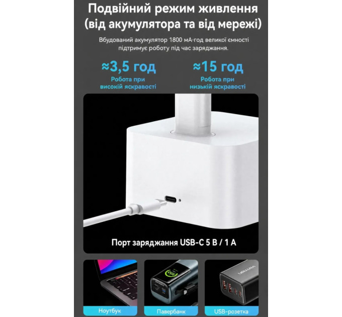 Vention LED лампа настільна Vention USB Rechargeable Foldable Desk Lamp, 5W 6000K,1800mAh,Aluminum,біла