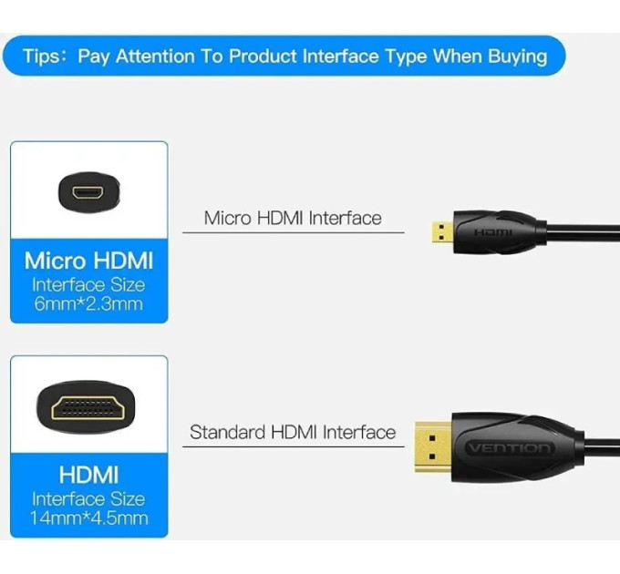 Vention Кабель HDMI M - Micro M, 1.0 м, V2.0 4K 60Гц 18Gbps HDR Dolby,  PVC Vention