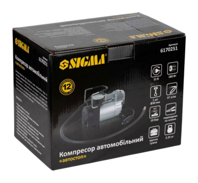 Sigma Автомобільний компресор Sigma 12В, 180Вт, 37л/мин, 10бар (6170251)