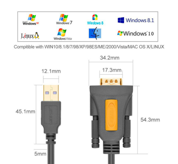 Ugreen Кабель для передачі даних USB to COM M 3.0m DB9 RS-232 CR104 black Ugreen (20223)