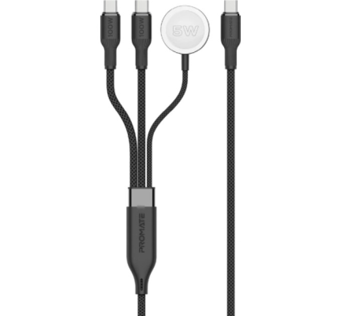 Дата кабель USB-C to 2xUSB-C 100W + Apple Watch 5W 1.4m FUSION-CCW black Promate (fusion-ccw.black)